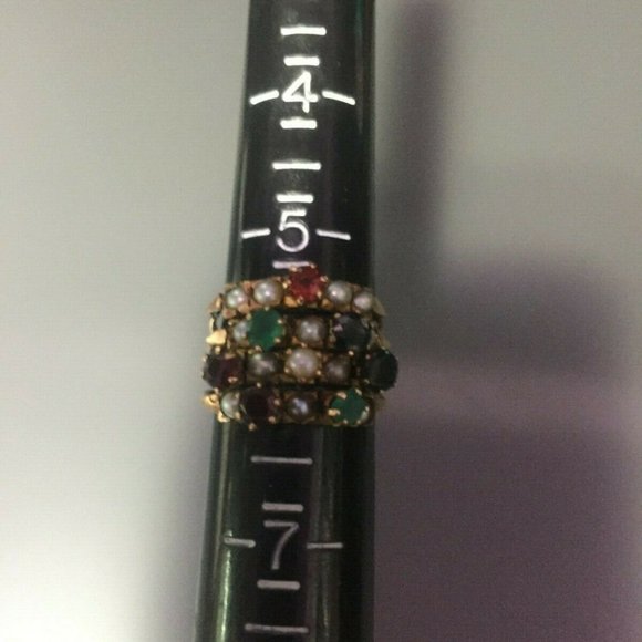 Victorian Rose Gold, Ruby, Sapphire, Emerald & Pearl Multi Band Ring size 6 - Picture 5 of 6